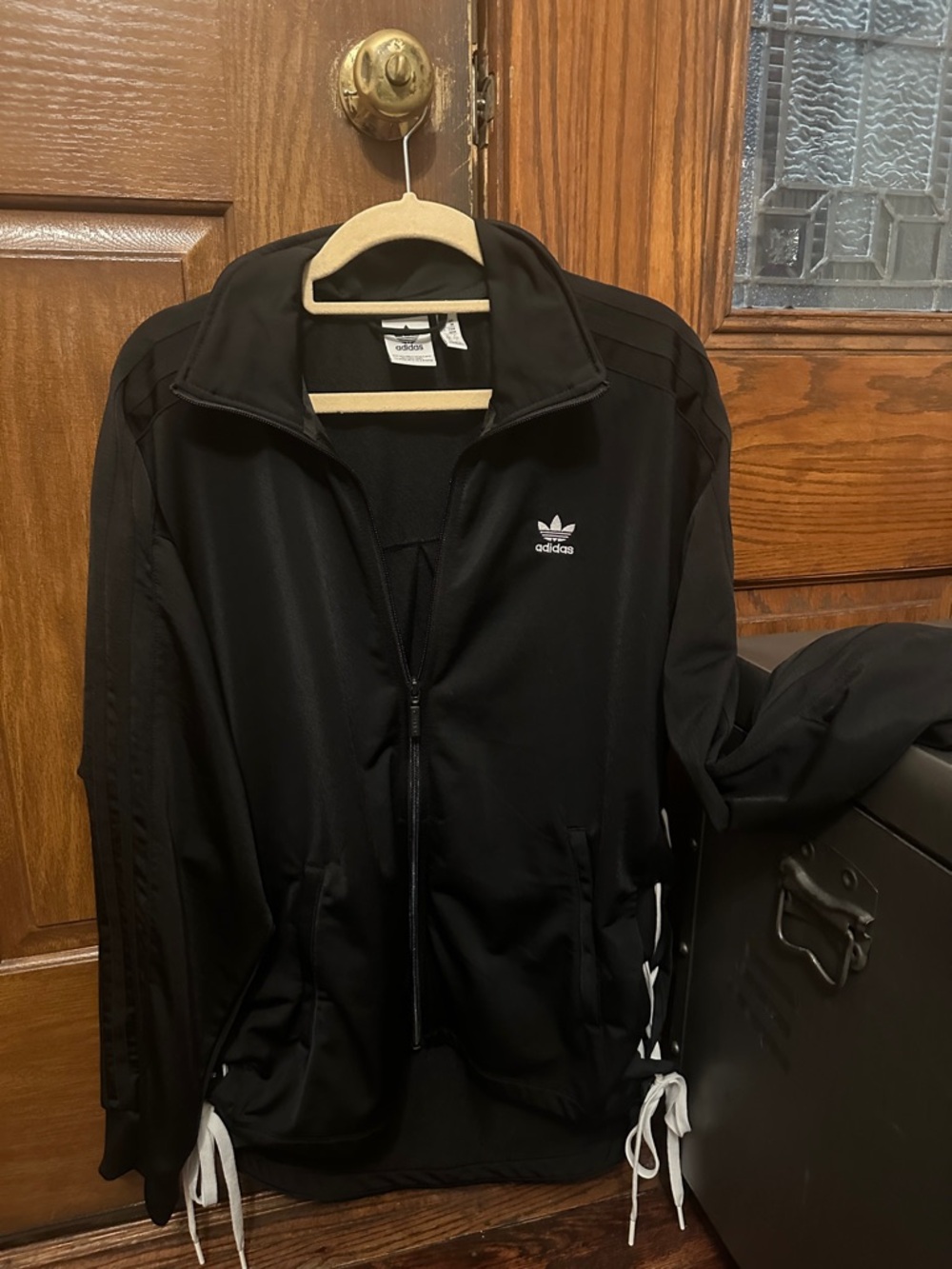 adidas Black Track Jacket with White Trefoil and Drawstrings